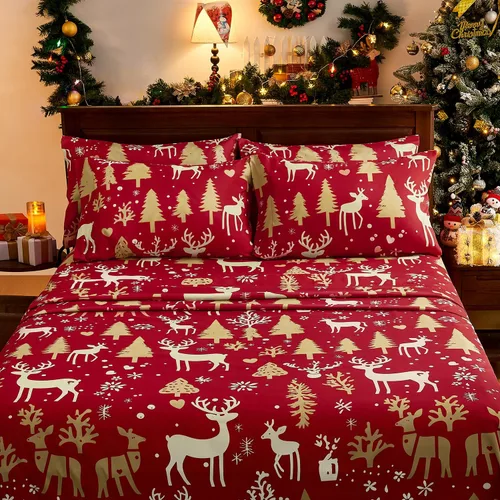 BYSURE Juego de sábanas estampadas de reno y árbol de Navidad, 6 piezas (tamaño King, árbol de Navidad), ropa de cama de microfibra con bolsillo