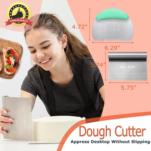 Miniatura 6 de Cortador raspador de masa, cortador de pizza de pastelería, herramienta de acero inoxidable con regla de escala, herramienta de cocina para hornear