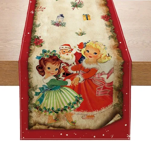 Camino de mesa vintage de Papá Noel, color rojo, estilo vintage, Feliz Navidad, invierno, Navidad, hogar, cocina, comedor, decoración de fiesta, 13