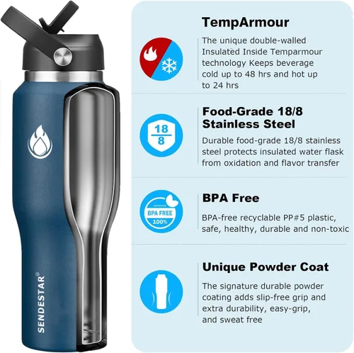 Miniatura 3 de SENDESTAR Botella de agua de acero inoxidable de 40 onzas (fría durante 48 horas, caliente durante 24 horas), botella aislada al vacío de doble