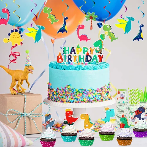 Miniatura 4 de Tessco - 193 piezas de suministros para fiesta de cumpleaños de dinosaurios, incluye platos, tazas, servilletas, pancartas, cuchillos, tenedor