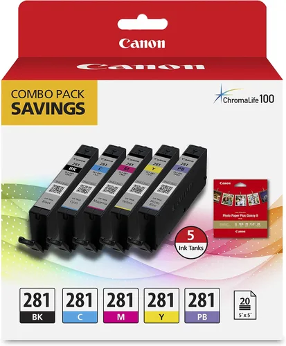 Miniatura 2 de Canon Paquete combinado de depósito de tinta original CLI-281 de 5 colores con papel fotográfico de 5 x 5 (2091C006) PGI-280 XL Pigment Black Ink