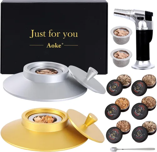 Miniatura 10 de AOKE - Kit de ahumador de whisky metálico dorado con chips de madera de 4 sabores para whisky y bourbon, kit de ahumador antiguo para mejorar