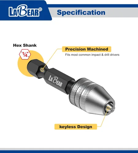 Miniatura 3 de LABEAR - Adaptador Mini Sin Llave para Portabrocas de ¼ Pulgada con Vástago Hexagonal Capacidad de 0.3-3.2mm para Brocas Micro