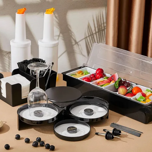 Miniatura 6 de Mifoci Suministros de Bartending Bandeja de Guarnición con Tapa Caddy de Bar Rimador de Vasos de 3 Niveles 12 Vertedores de Botellas de Acero