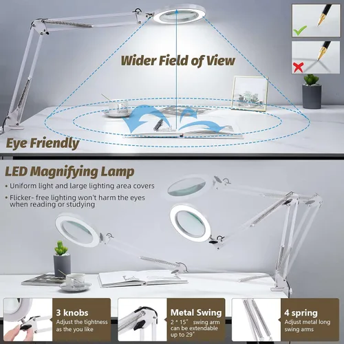Miniatura 4 de LANCOSC Lupa de cristal real de grado óptico de 10 x 5 pulgadas con luz y soporte, lámpara de escritorio LED de 3 modos de color, regulable y sin