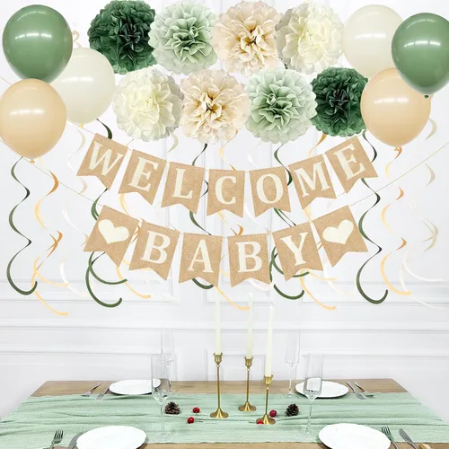 Kit de decoración de fiesta de baby shower, pancarta de arpillera de corazón de bebé con flores de tejido verde salvia, pompones, fieltro, remolino,