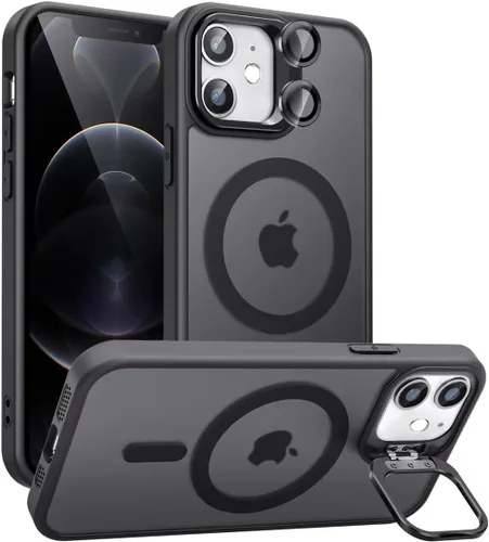Funda magnética para iPhone 11 con soporte, compatible con Magsafe, protección militar y protector de lente de cámara, funda translúcida mate, color