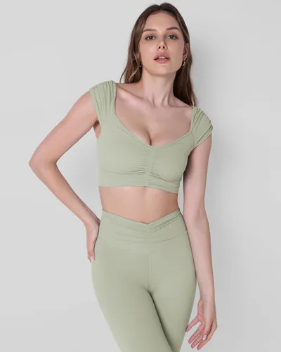 Miniatura 49 de ODODOS Camiseta corta sin mangas con cuello en V y frente fruncido para mujer, recortada en la espalda, manga casquillo
