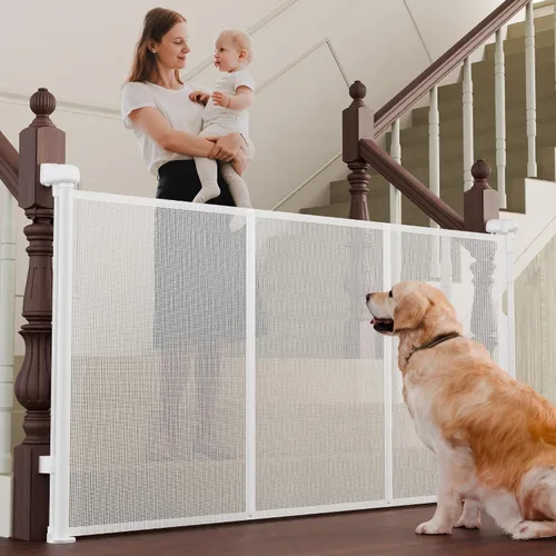 Miniatura 15 de Puertas retráctiles para bebés de 200" extra anchas para gran apertura, puerta retráctil extra alta de 41" para perros, puertas para mascotas, Negro
