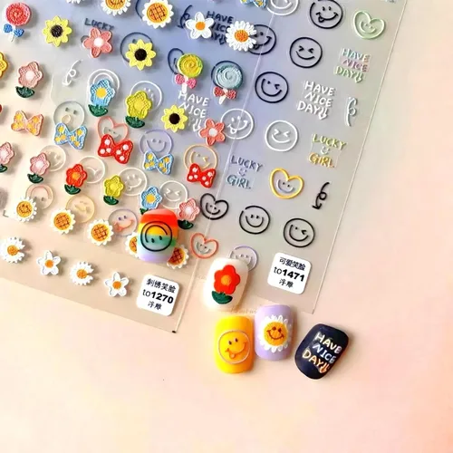 Miniatura 8 de Dedyel Calcomanías de uñas de sonrisa, lindas calcomanías de uñas de dibujos animados 5D en relieve de cara sonriente, calcomanías de uñas Kawaii