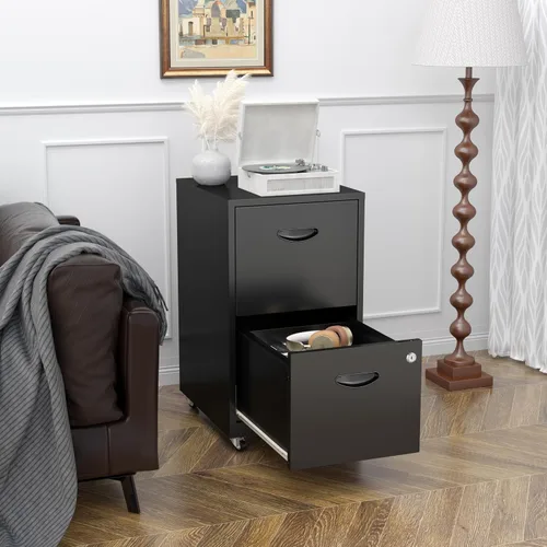 Miniatura 5 de Archivador móvil de 2 cajones con cerradura, archivadores de metal con ruedas, gabinete de almacenamiento enrollable negro, archivador vertical