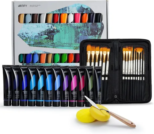 Miniatura 10 de ARTIFY - Juego de pintura acrílica de 24 colores, 24 colores con 15 pinceles sintéticos, incluye esponja, paleta y cuchillo para principiantes