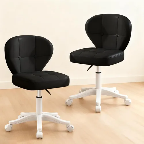 Silla pequeña de oficina con soporte lumbar, silla de escritorio giratoria sin brazos de piel sintética de altura ajustable, silla compacta con Negro