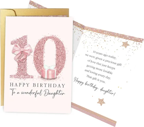 Spercy Tarjeta de cumpleaños número 10 para hija, tarjeta de cumpleaños de 10 años para niñas, regalo de diez años de parte de mamá, papá, padres