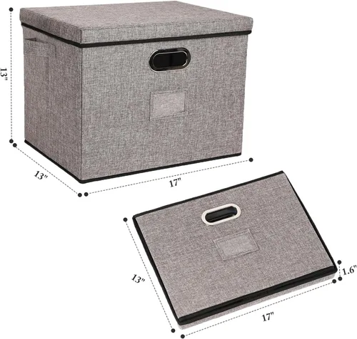 Miniatura 6 de Lukeline Contenedores de almacenamiento plegables con tapas, paquete de 2 cajas de almacenamiento plegables de lino de tela, cesta organizadora