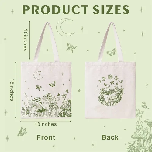 Miniatura 4 de THEYGE Bolsa de mano con diseño de hongos, estética, vintage, divertida, de lona de algodón, reutilizable, para compras, playa, bolsa de hombro Verde