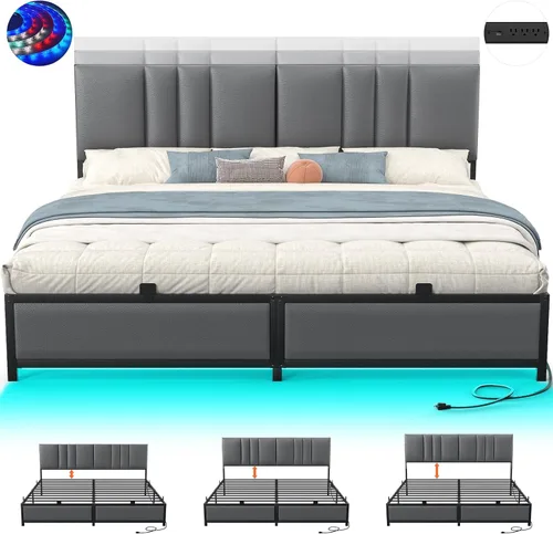 Besiost Base de cama tamaño King con cabecera ajustable de 3 alturas, cama de plataforma tapizada de cuero con luz LED y estación de carga, soporte