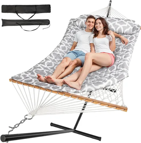 Miniatura 13 de Everyfun - Hamaca para 2 personas al aire libre con soporte, hamaca de cuerda de algodón con almohadilla de poliéster, estructura de acero