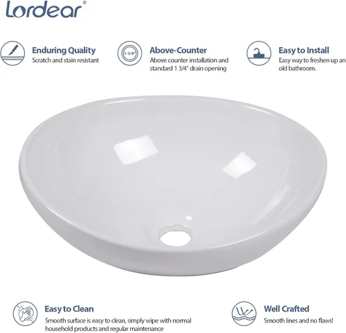 Miniatura 4 de Lordear Fregadero ovalado de 16 x 13 pulgadas, fregadero de baño con forma de huevo moderna sobre mostrador, lavabo de cerámica de porcelana blanca