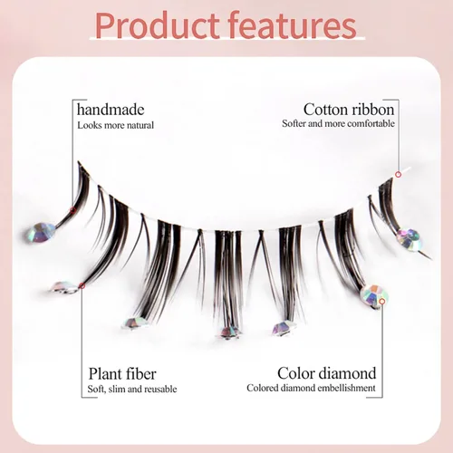 Miniatura 6 de Braiton 5 pares de pestañas postizas de diamantes de imitación naturales, pestañas postizas decorativas para Año Nuevo, cosplay, fiesta, escenario