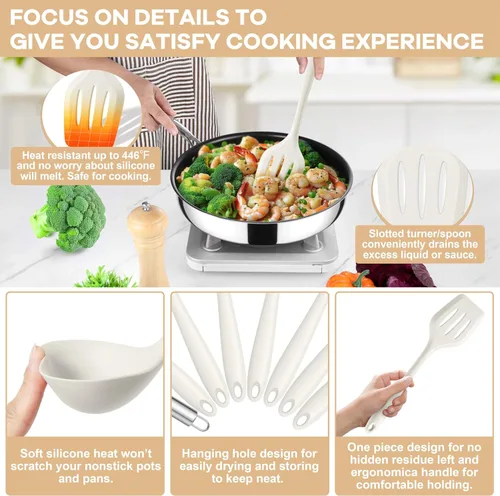 Miniatura 3 de TeamFar Juego de utensilios de cocina de silicona, 8 piezas, resistente al calor de 446 °F, espátula, cuchara, batidor, utensilios de cocina Blanco