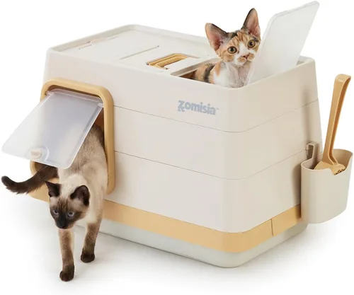 ZOMISIA Stainless Steel Cat Litter Box, Extra Large Covered Litter Box with Lid, Scoop, Odor Control Filter, XL Side/Top Entry Enclosed Cat Boxes