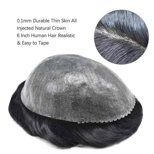 Miniatura 3 de LYRICAL HAIR Toupee para hombres piel fina inyección PU peluca unidad 1 # Jet negro real natural cabello humano pieza hombre sistema de reemplazo