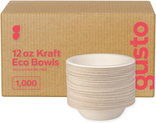 Miniatura 9 de GUSTO Cuencos de papel resistentes 100% compostables de 12 onzas (paquete de 125) de caña de azúcar desechable ecológica, papel kraft