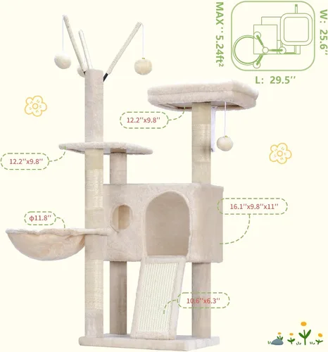 Miniatura 7 de Hey-brother Torre de árbol para gatos, postes rascadores con juguetes extraíbles, acogedor condominio, plataforma, hamaca, tabla de rascar de sisal