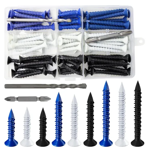 Wensilon (105 PIEZAS) Kit de Anclajes de Tornillo para Hormigón de 3/16" Cabeza Plana Azul/Negro/Blanco para Anclaje a Mampostería, Bloque o