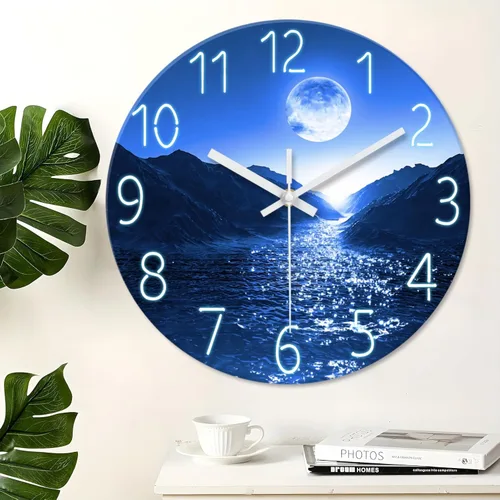 Miniatura 16 de XFM Reloj de pared azul con pilas, 12 pulgadas, silencioso, sin tictac, de cristal, luna, océano, ondas, relojes redondos para decoración de cocina