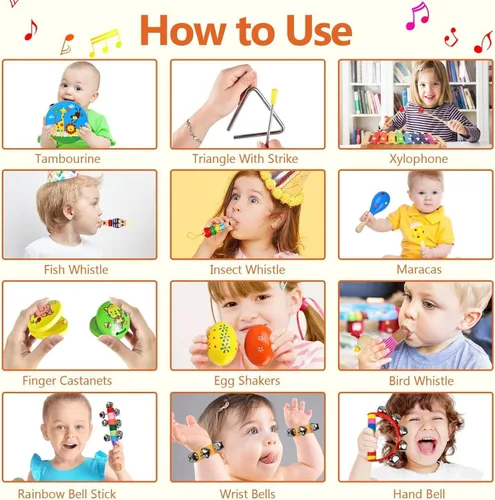 Miniatura 6 de Juego de instrumentos musicales para niños, 20 piezas de instrumentos de percusión de madera para bebés y niños con maracas de xilófono pandereta