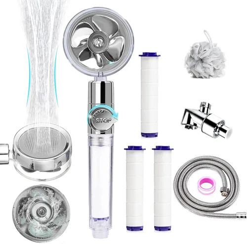 Miniatura 8 de Cabezal de ducha de mano turbocargado, cabezal de ducha de mano de alta presión con ahorro de agua con filtros, interruptor de pausa, Hydro Jet Gris