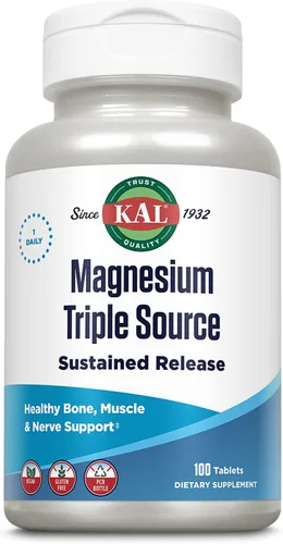 KAL Triple Source Suplemento Complejo de Magnesio – Citrato de Tri Magnesio, Malato y Óxido para Mujeres y Hombres, Liberación Sostenida para