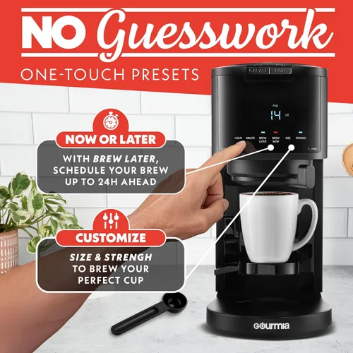 Miniatura 4 de Gourmia Cafetera 2 en 1 de una sola porción y 12 tazas, compatible con K-Cup, programable, pausa y servicio, filtro extraíble, jarra térmica