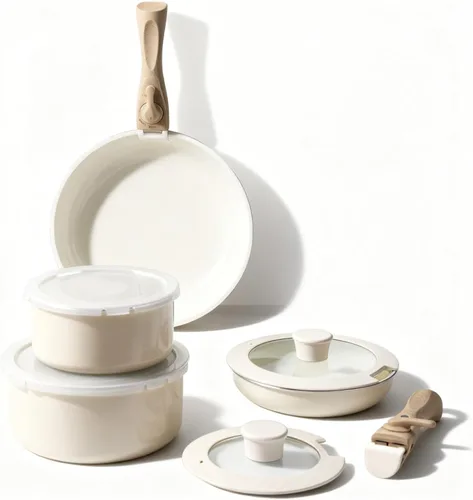 Miniatura 8 de Heapsion Juego de utensilios de cocina antiadherentes de cerámica de 10 piezas, sin PFAS/PFOA/PTFE y no tóxicos, juego de ollas y sartenes con asas