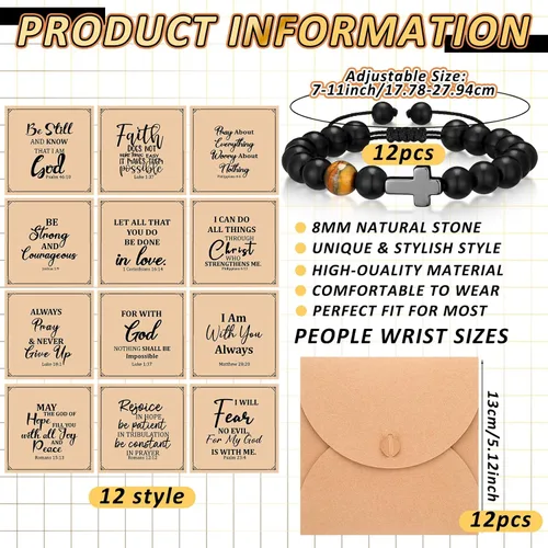 Miniatura 2 de Cunno Juego de 12 Pulseras de Cruz Cristiana al Por Mayor, Pulseras de Cuentas de Cruz Religiosa para Mujeres y Hombres, 12 Cosas de Cuentas