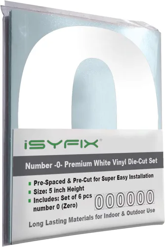 Miniatura 48 de iSYFIX - Calcomanías de vinilo blancas con número 0 (cero) - Juego de 6 unidades de 1.5 pulgadas autoadhesivas - Decalcomanías premium troqueladas