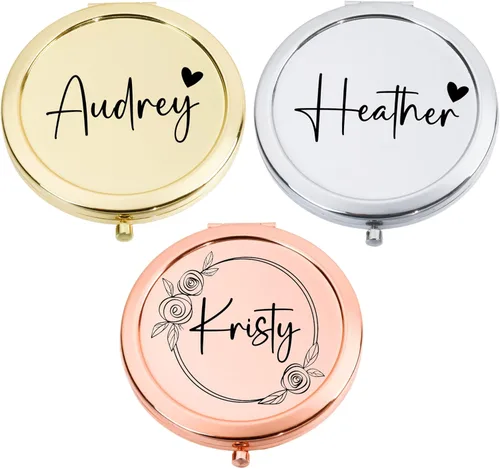 Mostop Espejo compacto personalizado, espejos de maquillaje de bolsillo grabados con láser, regalo personalizado para mujer, niña, dama de honor,