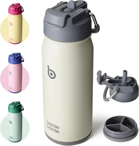 Miniatura 9 de BOTTLE BOTTLE Botella de agua deportiva de 16 onzas de acero inoxidable aislada para niños con pajita y porta pastillas para regalos y la escuela