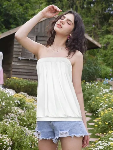 Miniatura 2 de CHICGAL Blusa de tubo para mujer, estilo casual, sin tirantes, sin tirantes, con hombros descubiertos