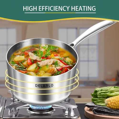 Miniatura 4 de DELARLO Cacerola de Acero Inoxidable Tri-Capa para Todo el Cuerpo de 3 Cuartos con Tapa, Apta para Horno 600℉, Sartén Saucier Resistente de 3