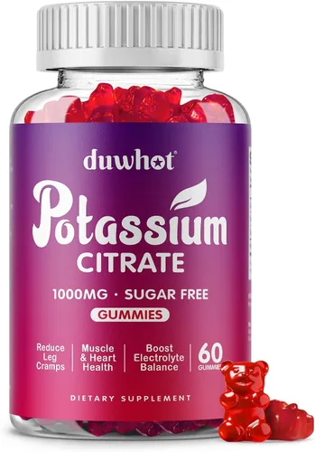 duwhot Gomitas de citrato de potasio de 1000 mg, suplemento de potasio para adultos, mujeres y hombres, ayuda a calambres en las piernas y la salud