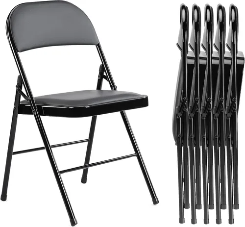 Miniatura 13 de Paquete de 2 sillas plegables, silla comercial apilable portátil, silla de cuero acolchada para interiores y exteriores con marco de metal Negro