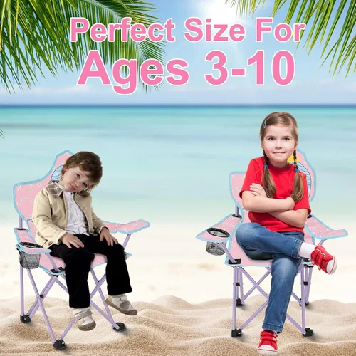 Miniatura 6 de KABOER Silla plegable para césped y camping para niños con portavasos y bolsa de transporte, sillas de camping para niños rosado sirena