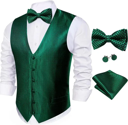 Miniatura 74 de Barry.Wang Conjunto de chaleco de pajarita para hombre, chaleco con cuello en V de seda jacquard de cachemira, gemelos de pañuelo formal/ocio, boda