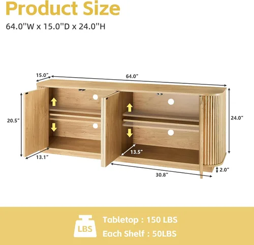 Miniatura 2 de Aparador de buffet de 64 pulgadas con almacenamiento, moderna credenza acanalada con estantes ajustables, mesa consola de barra de café de madera