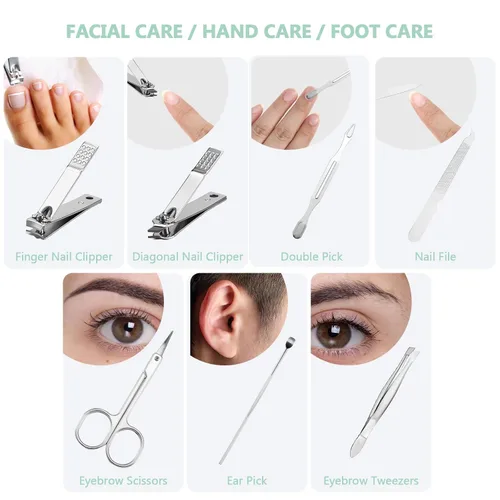 Miniatura 5 de Juego de 12 piezas de manicura, kit de cortauñas mini profesional de acero inoxidable 7 en 1 con cuidado de uñas y pedicura, con bolsa de viaje