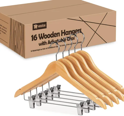Miniatura 7 de HOUSM - Paquete de 16 perchas de madera para faldas con clips, perchas de madera maciza para pantalones, acabado natural, acabado liso, madera